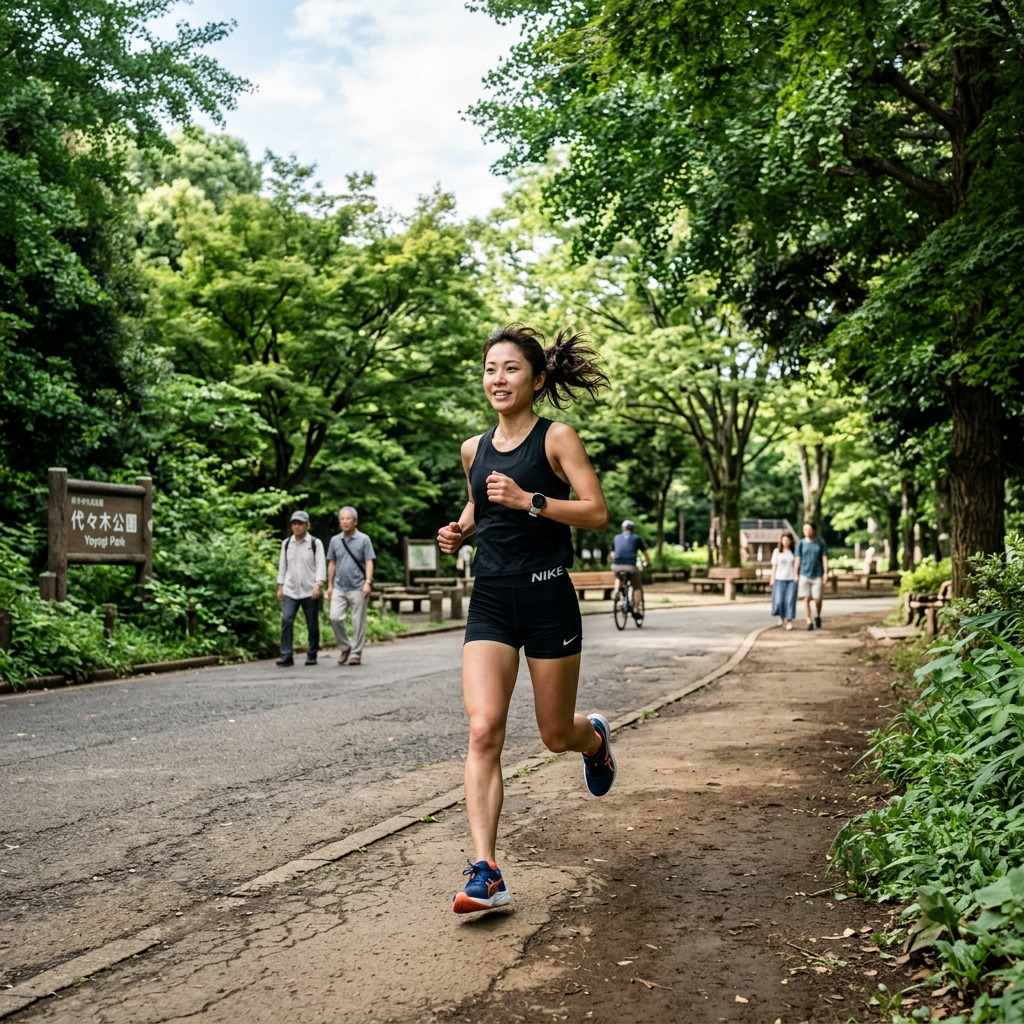 Runner on a tree-lined path in Yoyogi Park