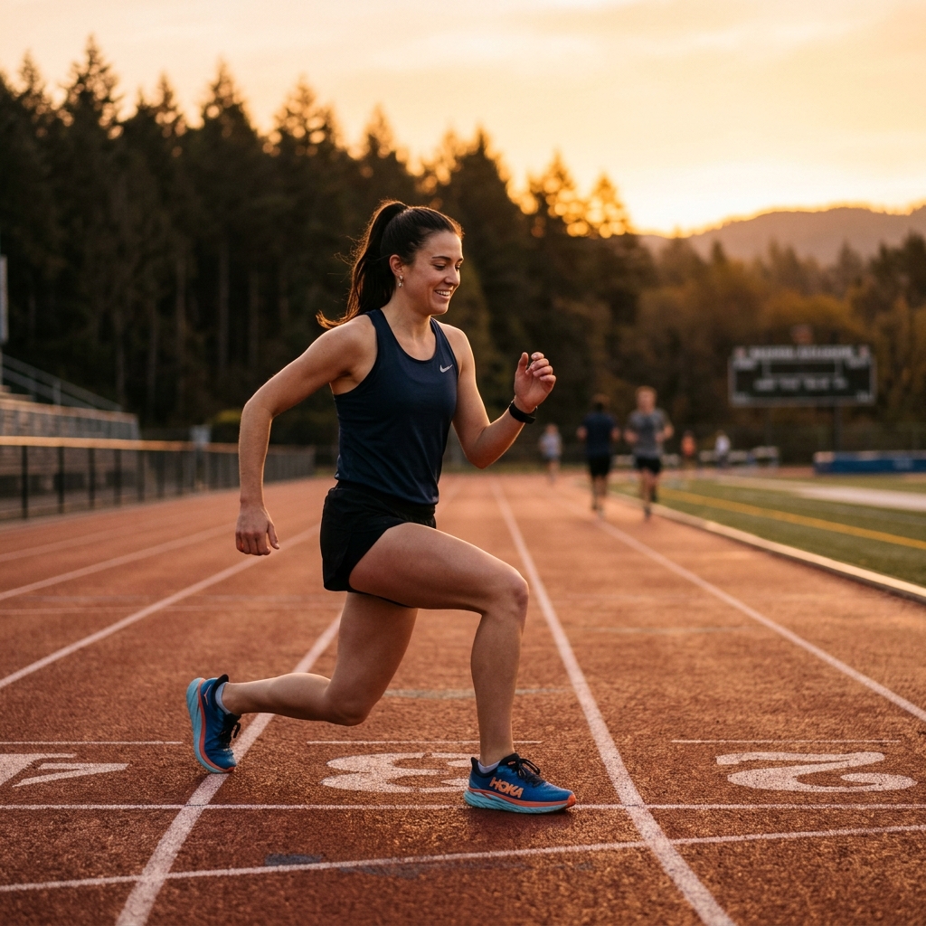 Runner performing warm-up exercises on a track at golden hour