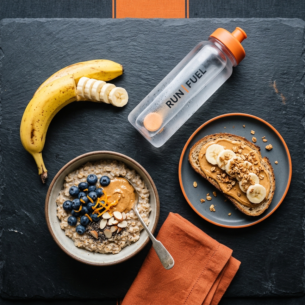 Race day nutrition flat lay - banana, oatmeal, peanut butter toast, and water bottle on dark slate surface