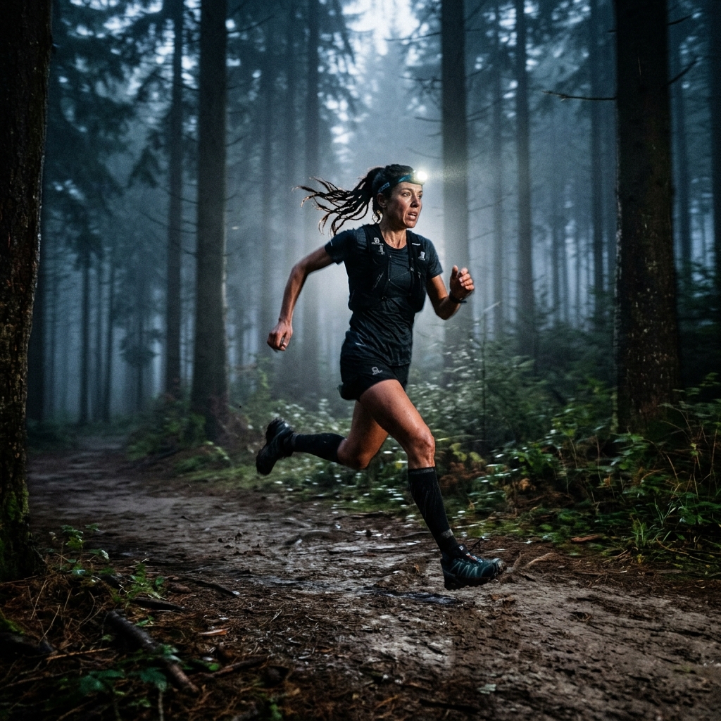 Runner sprinting past dark woods under sunset light