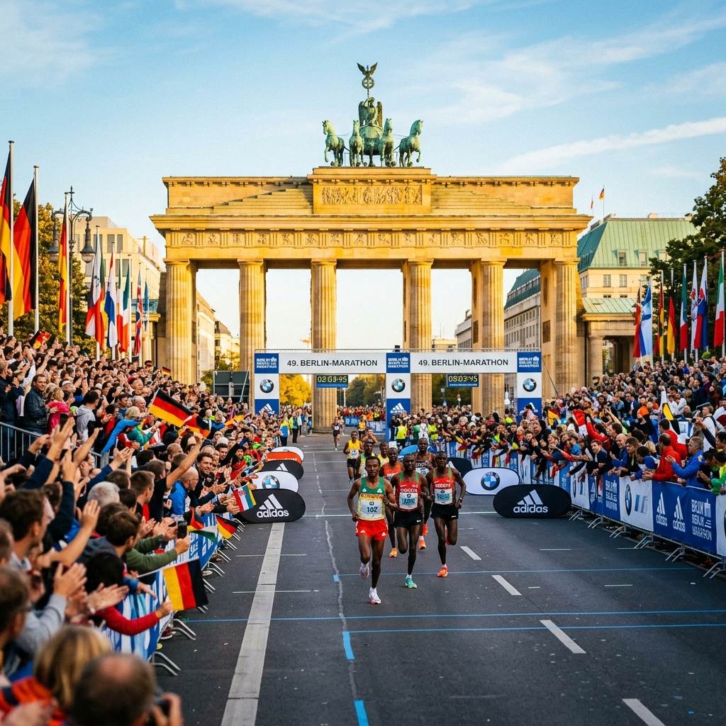 Elite runners approaching the Brandenburg Gate finish line at the Berlin Marathon