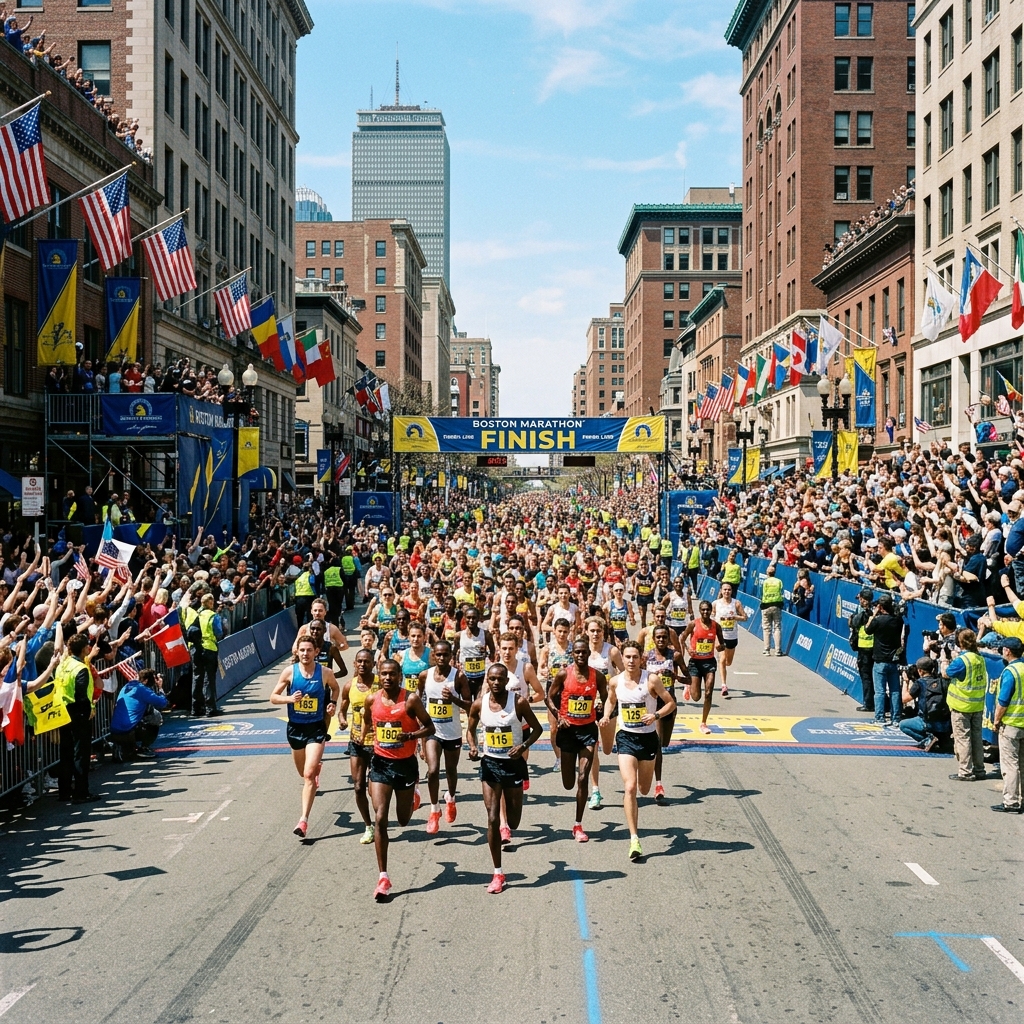 Elite runners charging down Boylston Street toward the Boston Marathon finish line