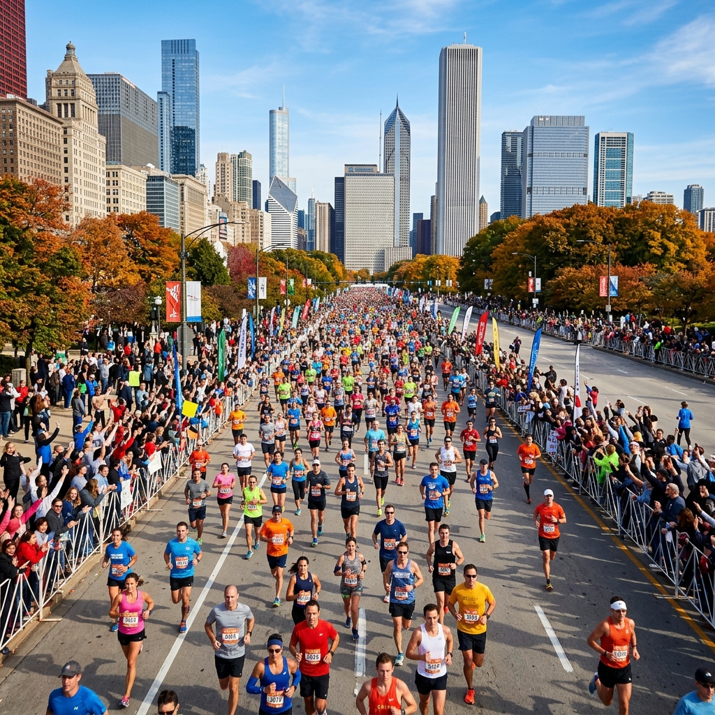 Thousands of runners stream through downtown Chicago with the iconic skyline overhead during the Chicago Marathon