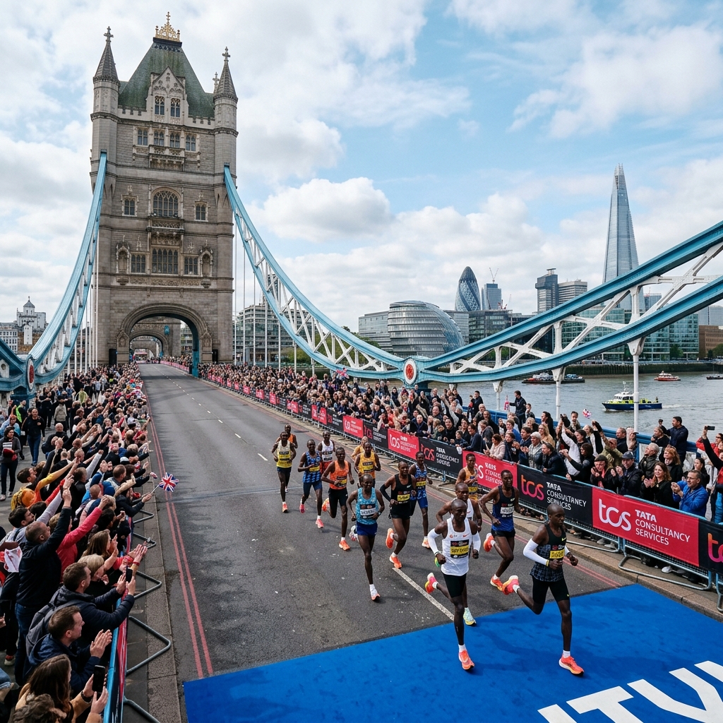 Elite runners crossing Tower Bridge with the London skyline behind them during the London Marathon