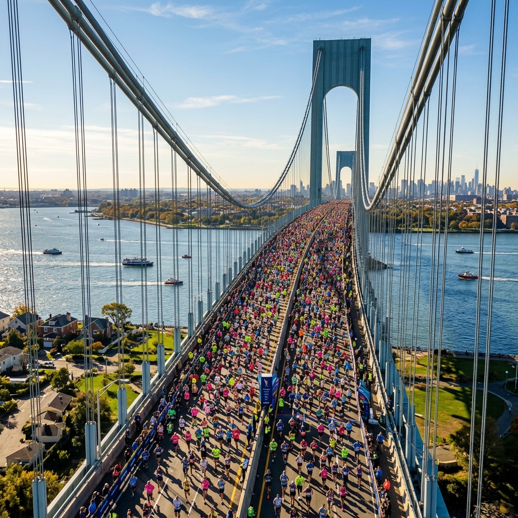 Tens of thousands of runners fill the Verrazzano-Narrows Bridge at the iconic start of the New York City Marathon