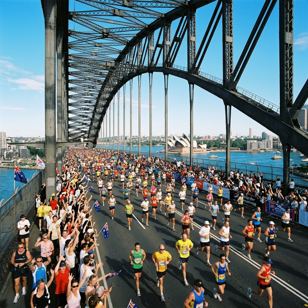 Runners cross the Sydney Harbour Bridge with the Opera House visible in the harbour below during the Sydney Marathon