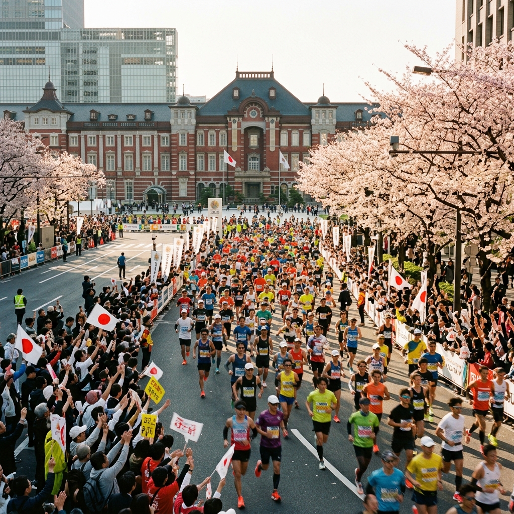 Runners race past Tokyo Station during the Tokyo Marathon, cherry blossoms lining the route